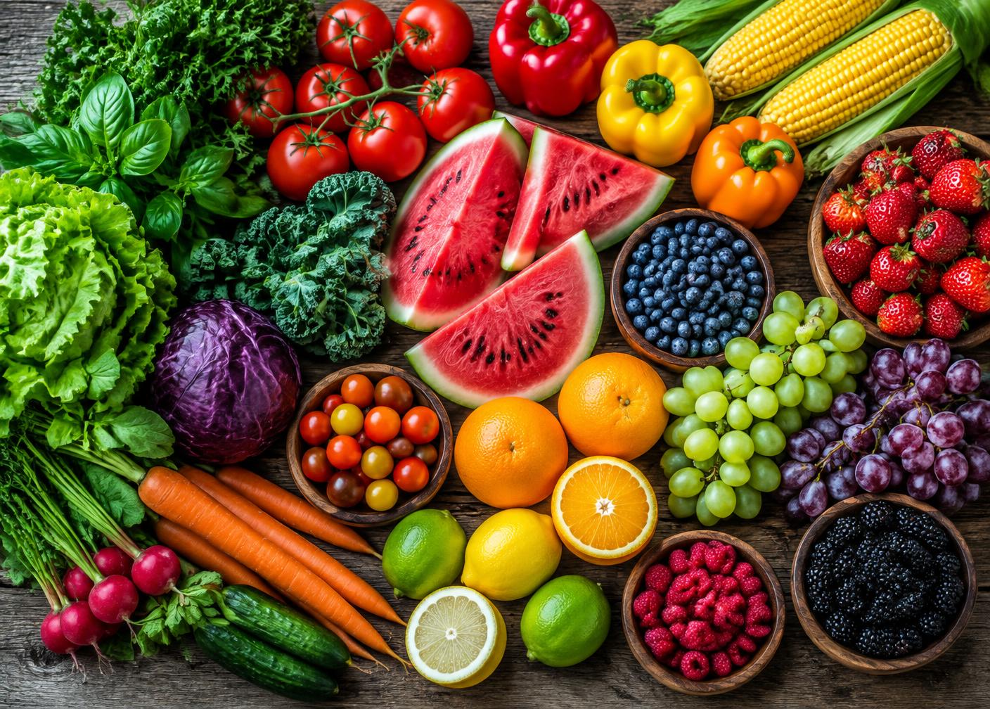 Fresh fruits and vegetables including tomatoes, peppers, watermelon, citrus and berries
