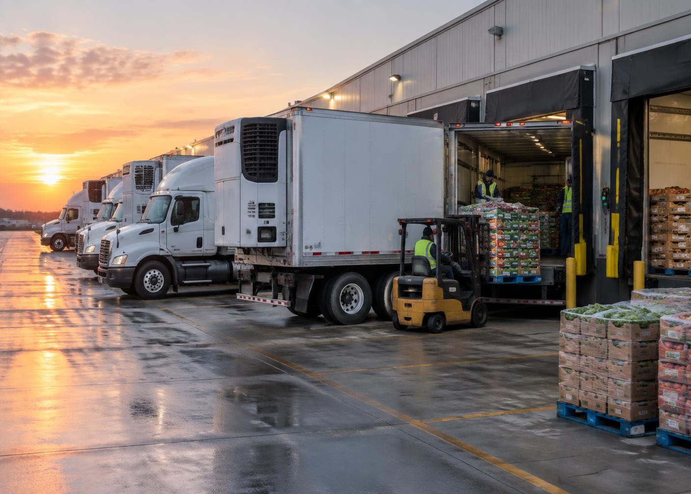 Refrigerated trucks loading produce at a distribution center dock