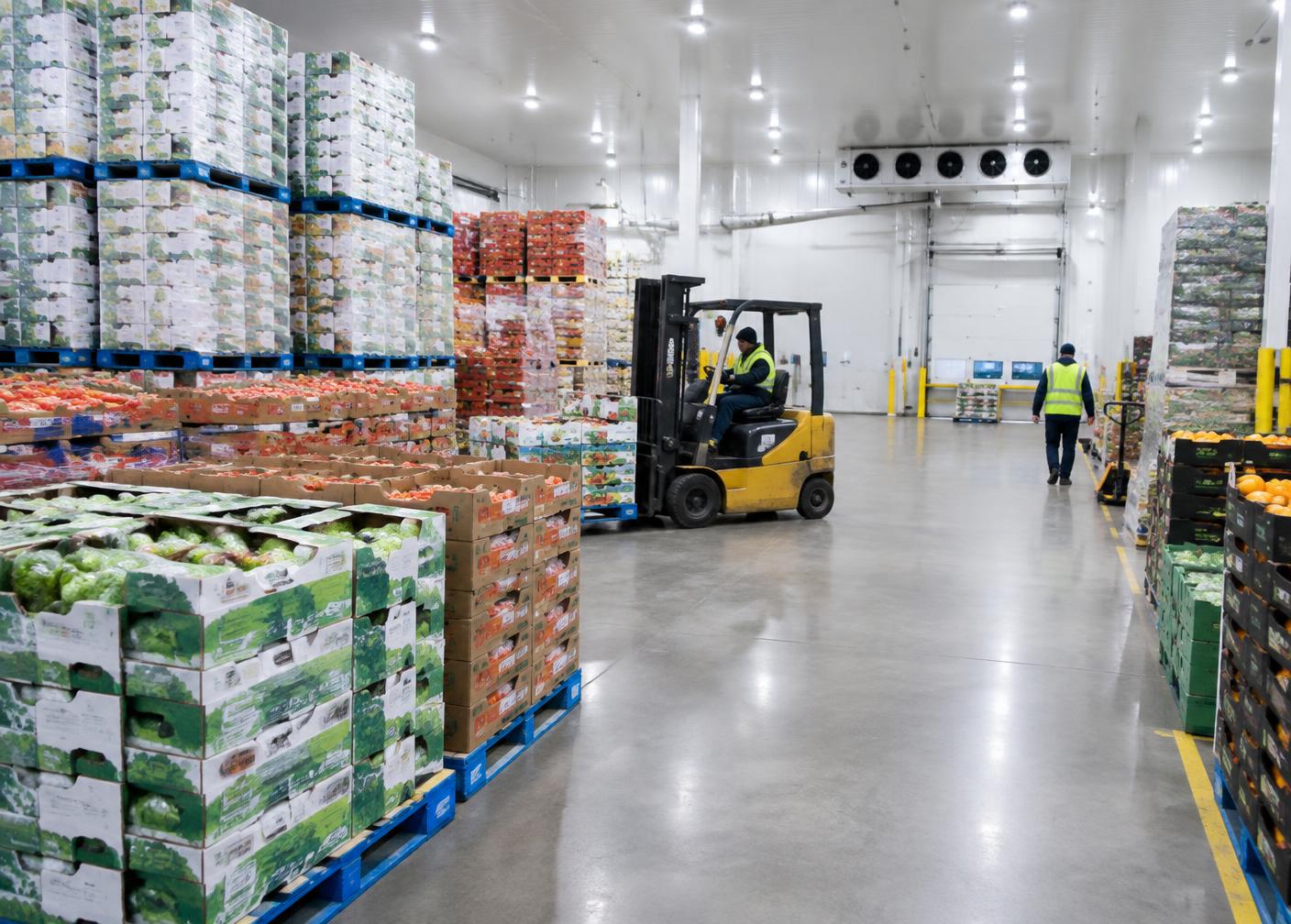 Pallets of fresh produce cases inside a refrigerated distribution warehouse